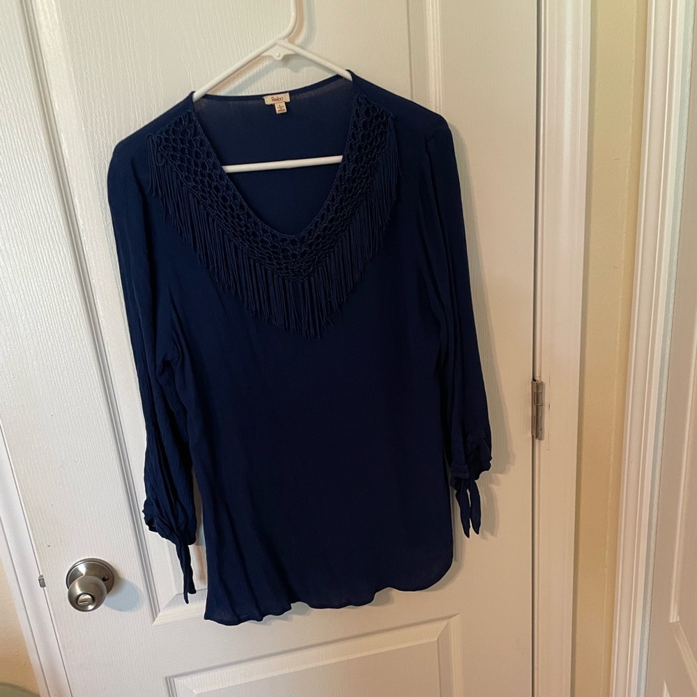 Reba Navy Blue Fringe Blouse